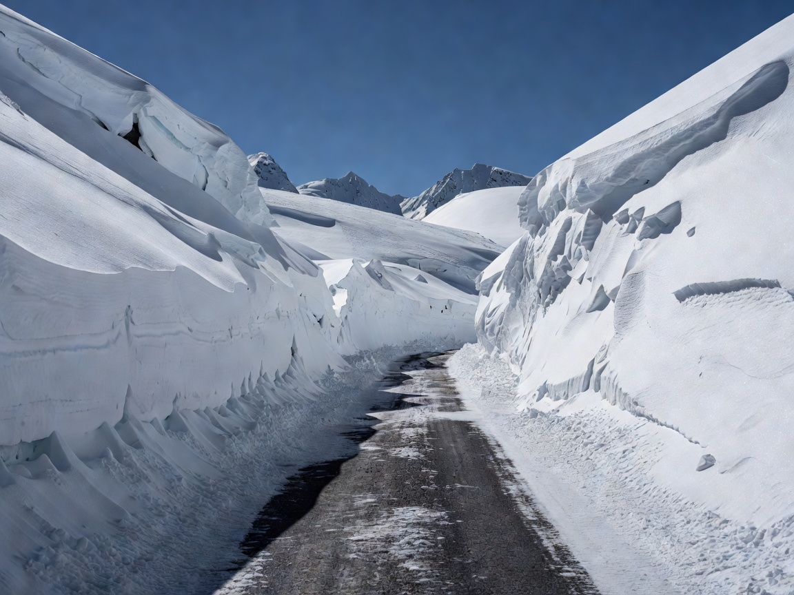 A high altitude road cut through thick snow banks on an alpine pass