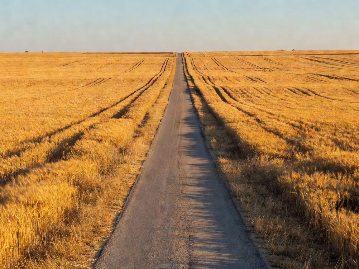 A straight narrow road stretching into the distance between golden agricultural fields