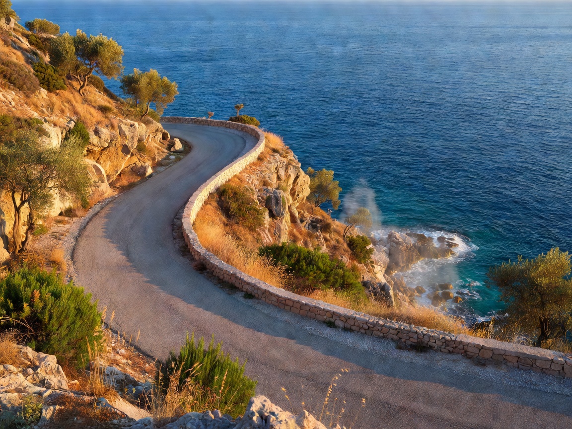 A sharp curve on a coastal road overlooking the Mediterranean sea