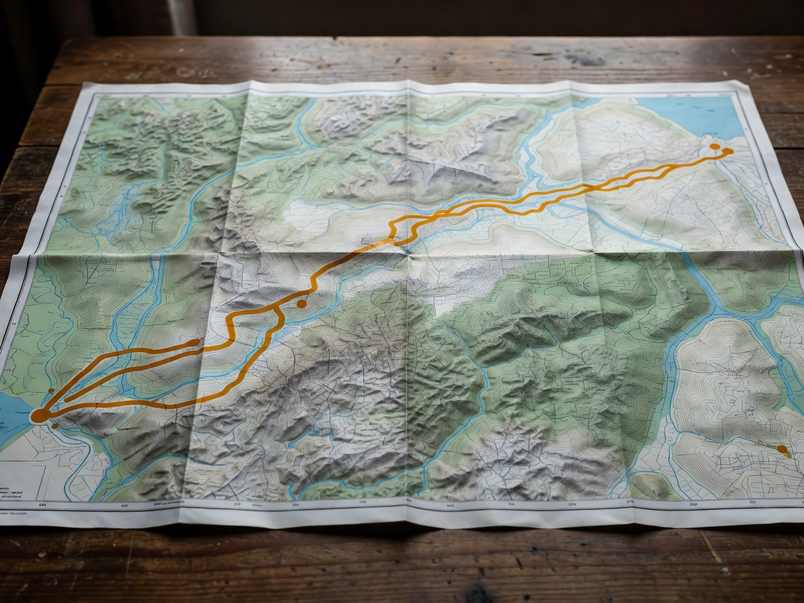 A physical map laid out on a table with a route traced in amber marker